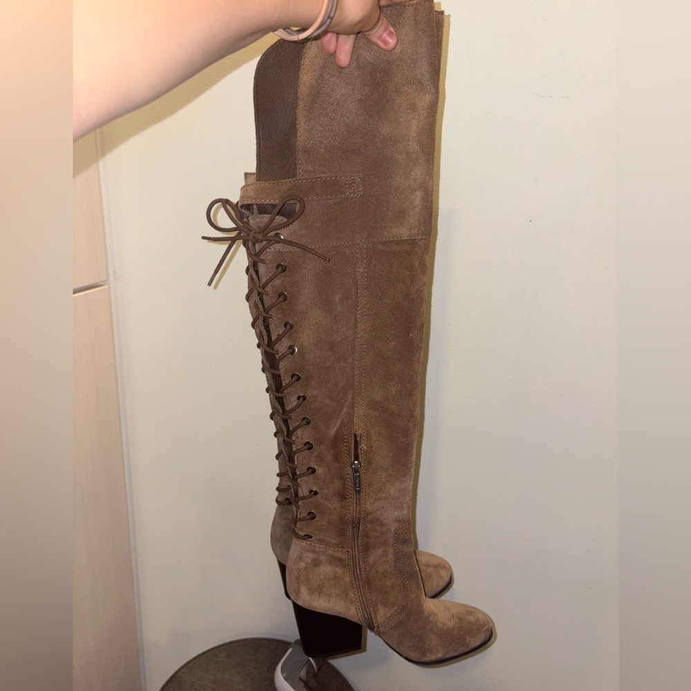 Sam Edelman Tan Camel Brown Suede Over the Knee Lace Up Heeled Boots Size 8 - Picture 4 of 9
